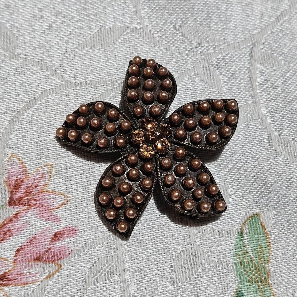 vintage boho whimsigoth faux brown pearls rhinestones flower brooch